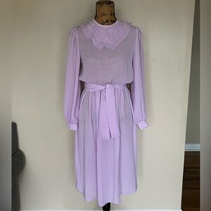 70s Sunshine Alley Sheer Lavender Purple Long Sleeve Belt Midi Dress Women's S